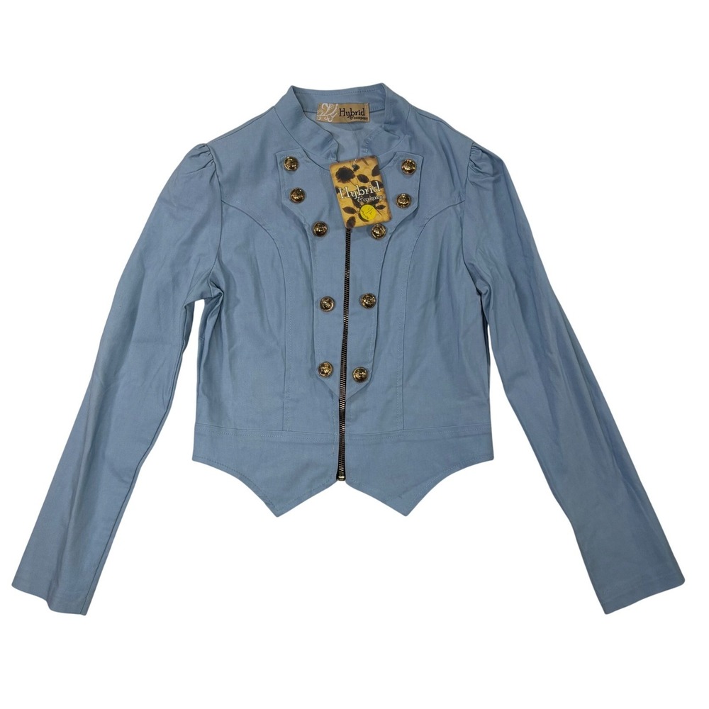 Hybrid & Company Blue Military Crop Fitted Ultra Stretch Jacket Zip Front Small